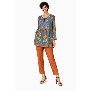 Soft Surroundings PM Floral Embroidered Boho Tunic Dress Blue/Rust Rayon